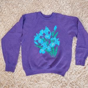 Vintage 1990 Lee Wild Iris Flower Graphic Sweatshirt USA Purple Art Unlimited SM